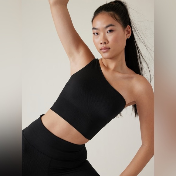 Athleta Aurora One Shoulder Black Ribbed Cropped Tank Top 531643 EUC Size Small - Picture 3 of 11